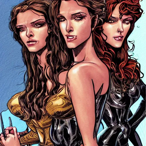 Prompt: precisely drawn illustration of brunette woman with four bodies merged into one, wide angle, sharp, fine details, french comic style, vibrant realistic colors, full color, heroic fantasy, intense line art, 8 k, precise linework, realistic, in the style of heavy metal comics and richard corben and moebius