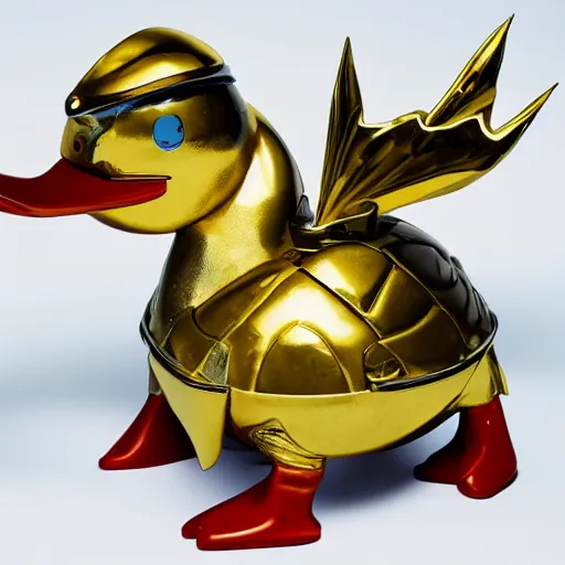 Prompt: a chrome - plated duck with a golden beak arguing with an angry turtle in a forest.