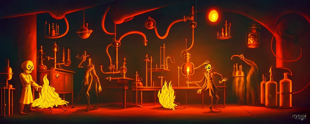 Image similar to uncanny alchemist monsters in a fiery alchemical lab, dramatic lighting, surreal 1 9 3 0 s fleischer cartoon characters, surreal painting by ronny khalil