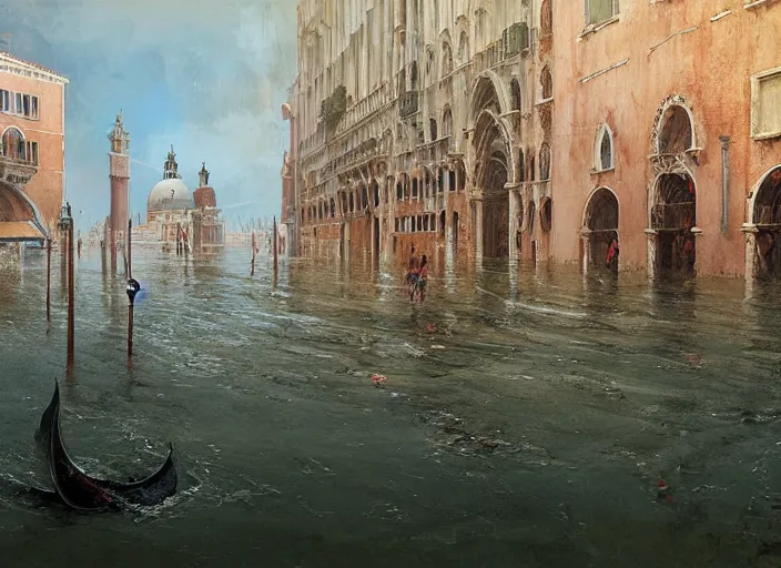 Prompt: Venice almost flooded, sea, calm, dystopic, air shot, interesting perspective, painted by Marc Simonetti