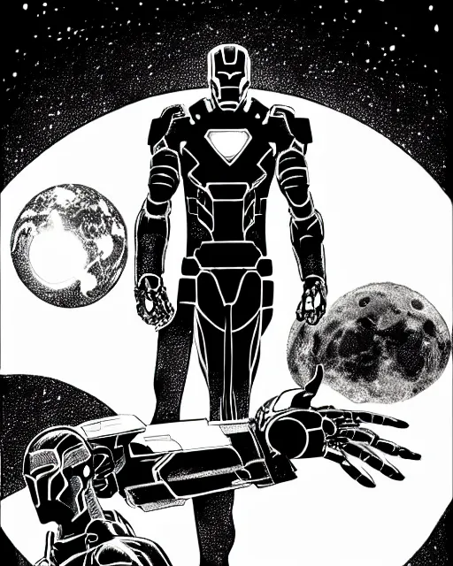 Prompt: black and white sad iron man with shawarma on hands, stay on the destroed moon, wires earth background, by tsutomu nihei
