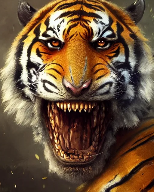 Prompt: A tiger, skin dragon, calm, highly detailed face, full body, fantasy art, monster art, in the style of greg rutkowski, illustration, epic, fantasy, intricate, hyper detailed, artstation, concept art, smooth, sharp focus, ray tracing