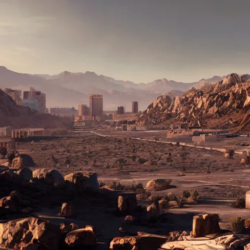 Image similar to Matte painting of of New Vegas in the middle of the Mojave wasteland 4k detailed