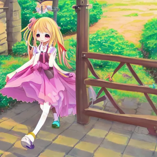 Image similar to a very cute art of a smiling anime girl idol wearing a colorful dress, walking at the garden, walking over a skeleton, in the style of anime, near a stone gate