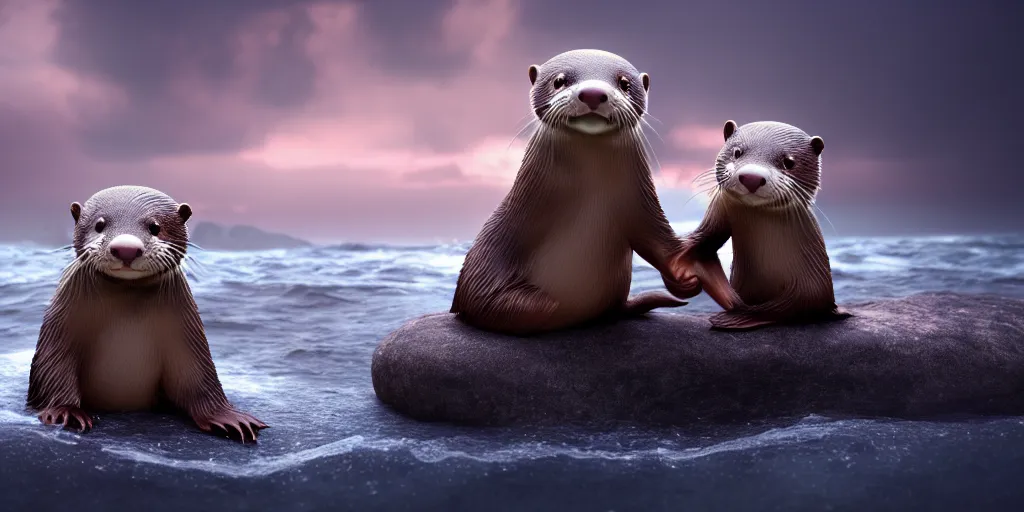 Prompt: my little everything, happy brave magical cuteness, fantasy otter love, otters holding hands in the stormy sea, he holds her while she sleeps, hyper - realism, 8 k octane render