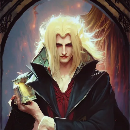 Image similar to Alucard the vampire Lord league of legends on his day off, highly detailed, digital painting, artstation, concept art, smooth, sharp focus, illustration, ArtStation, art by artgerm and greg rutkowski and alphonse mucha and Edmund Blair Leighton and Charlie Bowater