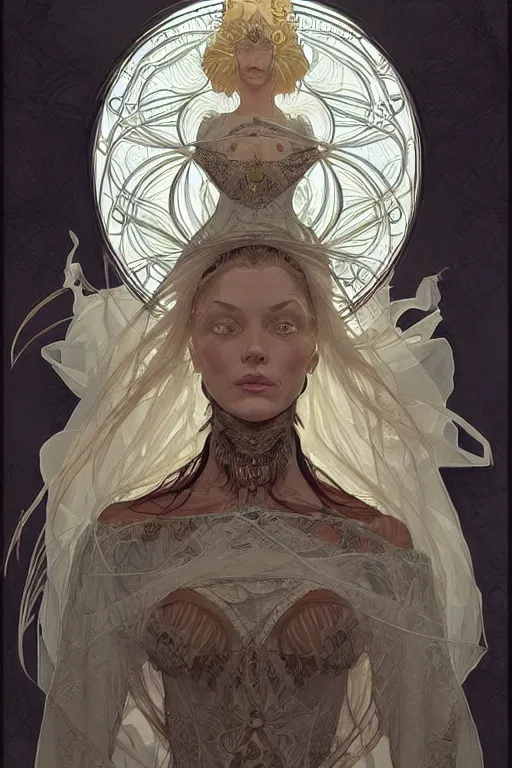 Prompt: high priestess, intricate, elegant, highly detailed, concept art, sharp focus, beautiful face!!, digital art, smooth defined outlines!!, human anatomy, human structure, by Brom, trending on Artstation, Alphonse Mucha