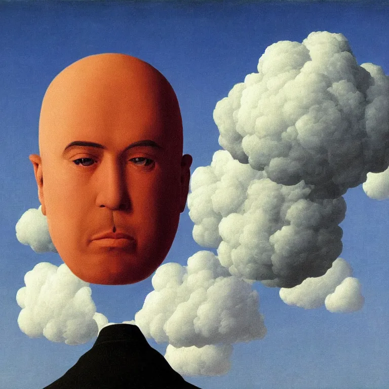 Prompt: portrait of a man whos head is hidden with a cloud, by rene magritte, detailed painting, hd, hq, high resolution, high detail, 4 k, 8 k