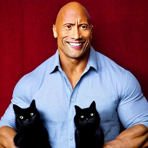 Image similar to dwayne johnson holding a black cat, studio lighting, promotional photograph