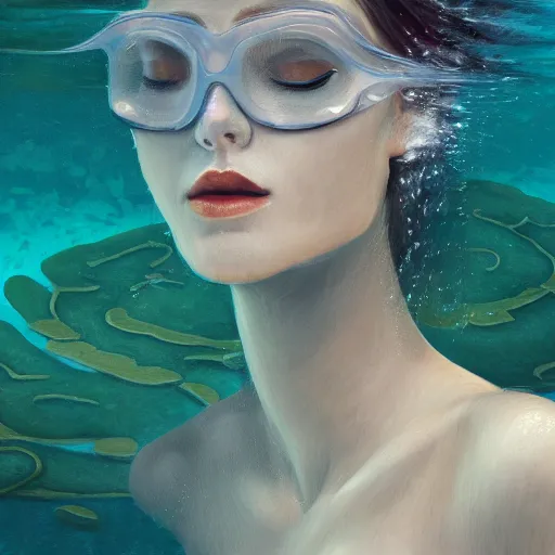 Image similar to A woman submerged underwater, you can see her face from an aerial view with lily pads surrounding her, artistic digital art, very opaque, gloomy style, oil paints and pastel highlights, trending on artstation, artstationHD, artstationHQ, 4k, 8k