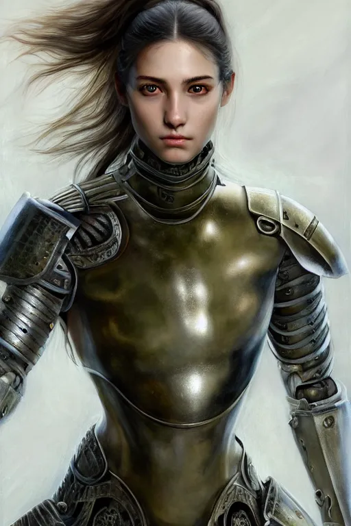 Image similar to a photorealistic painted portrait of an attractive young girl, partially clothed in dull metal-plated battle armor, olive skin, long dark hair, beautiful bone structure, symmetric facial features, photorealistic eyes, natural physique, intricate, elegant, digital painting, concept art, finely detailed, beautifully illustrated, sharp focus, minimal artifacts, from Metal Gear, by Ruan Jia and Mandy Jurgens and Artgerm and William-Adolphe Bouguerea, in the style of Greg Rutkowski, trending on Artstation, award winning