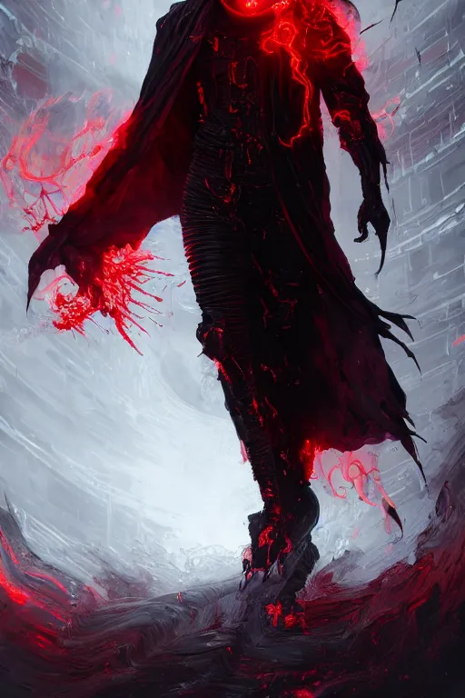 Image similar to A full body portrait of a mysterious character with a flaming skull with a very long hooded blood red and black cloak, tentacles coming out the ground art by Maciej Kuciara, and Cedric Peyravernay, ominous, cosmic horror, trending on artstation, Ultra detailed, hyper realistic 4k