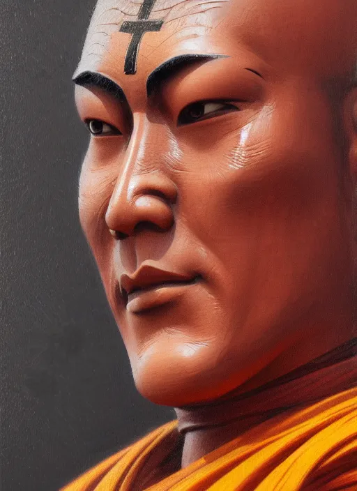 Image similar to smart tai buddhist monk, closeup portrait, without beard and mustache, historical hero, ethnic group, tai costume, tai traditional bronze headdress, intricate, with leather armor cross on bare chest, elegant, loin cloth, highly detailed, oil painting, artstation, concept art, matte, sharp focus, illustration, hearthstone, art by earl norem