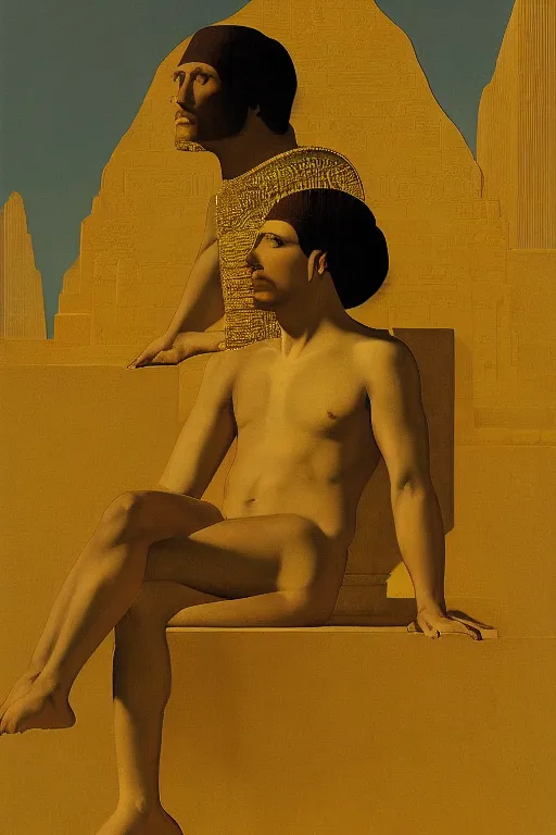 Image similar to a haughty pharaoh on a golden throne, digital painting by maxfield parrish and caravaggio, photorealistic