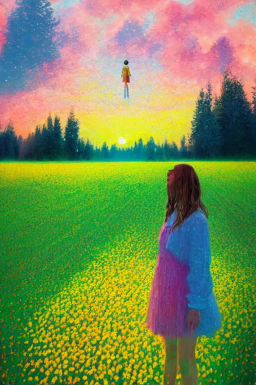 Image similar to flower face, girl standing in flower field, surreal photography, big trees, sunrise dramatic light, impressionist painting, colorful clouds, digital painting, pointillism, artstation, simon stalenhag