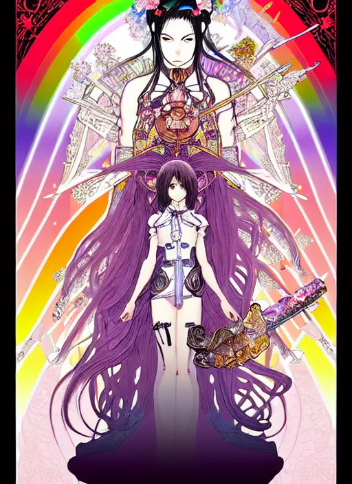 Prompt: highly detailed terada katsuya minaba hideo legend of the cryptids atrstation manga poster of princess mechine, rainbow gradient reflection, long hair, armor, dress, laces, ruffles, 8 k, maximalist, alphonse mucha