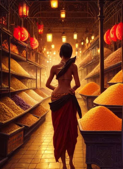 Image similar to a young woman shopping in a spice market at night, soft glow from lanterns, shiny, fantasy, intricate, elegant, hyper detailed, ultra definition, photoreal, artstation, unreal engine rendered, concept art, smooth, sharp focus, illustration, art by artgerm and greg rutkowski and alphonse mucha and garis edelweiss