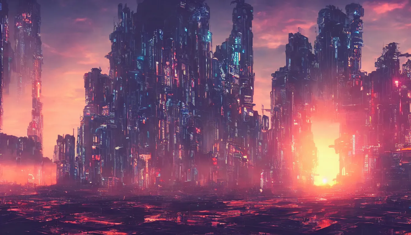 Prompt: aesthetic sunset futuristic dystopian cyberpunk city