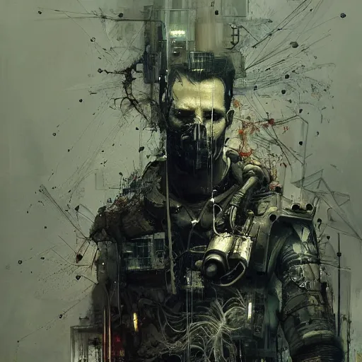 Image similar to a cybernetic hunter, cyberpunk, wires, skulls, machines, by emil melmoth zdzislaw belsinki craig mullins yoji shinkawa realistic render ominous detailed photo atmospheric by jeremy mann and agnes cecile ink drips paint smears digital glitches glitchart