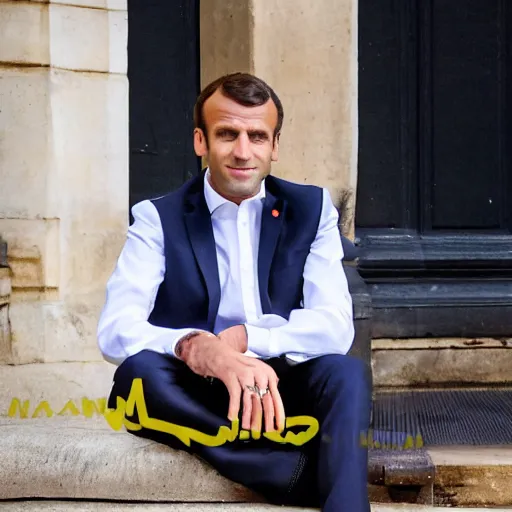 Image similar to emmanuel macron is sitting on the golden toilet, his trousers is down on his feet, detailed photography, 5 0 mm lens,