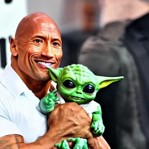 Image similar to Dwayne Johnson carries baby Yoda in his hands