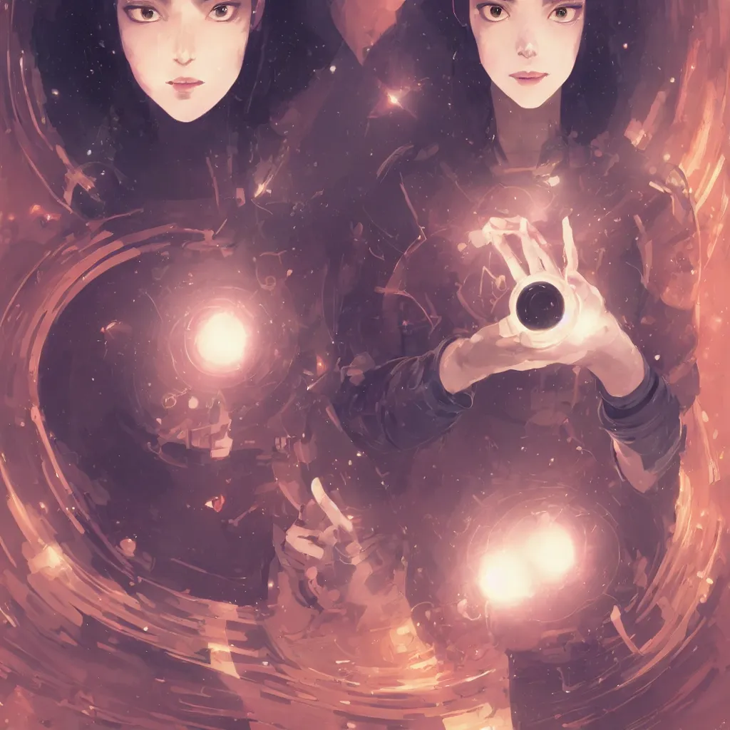 Image similar to a portrait of a beautiful female scientist holding a small black hole in her hands, anime art, symmetrical facial features, symmetrical proportions, illustration, style by jordan grimmer and greg rutkowski