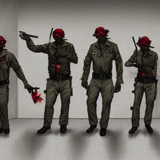 Prompt: zombie police officers ( beige uniform and caps ) wield ( uzis ) in ( brutalist concrete office ) ( glowing red skin ) trending on artstation high detail digital painting 4 k 8 k hd