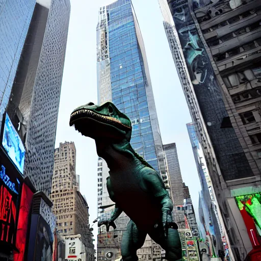 Prompt: a statue of dinosaur placed at time square