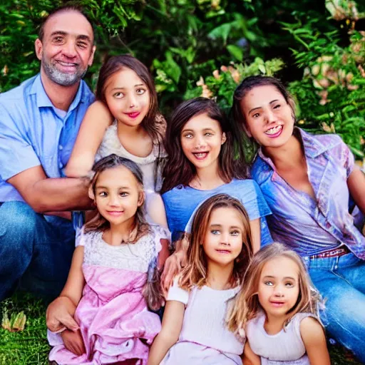 Image similar to photo of a father and his five daughters, very detailed faces, beautiful faces, high quality photograph, instagram