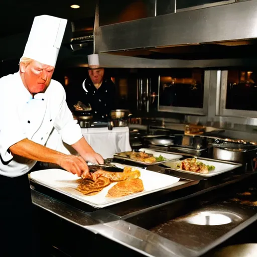 Prompt: high quality photo of Donald Trump working as a cook at a diner. He he is cooking on a griddle. He is yelling and making a mess. Food is going everywhere. Dimly lit