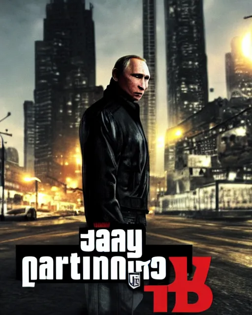 Prompt: a medium shot of vladimir putin wearing a jacket in gta 4, gta 4 loading screen artwork, highly detailed, trending on artstationhq