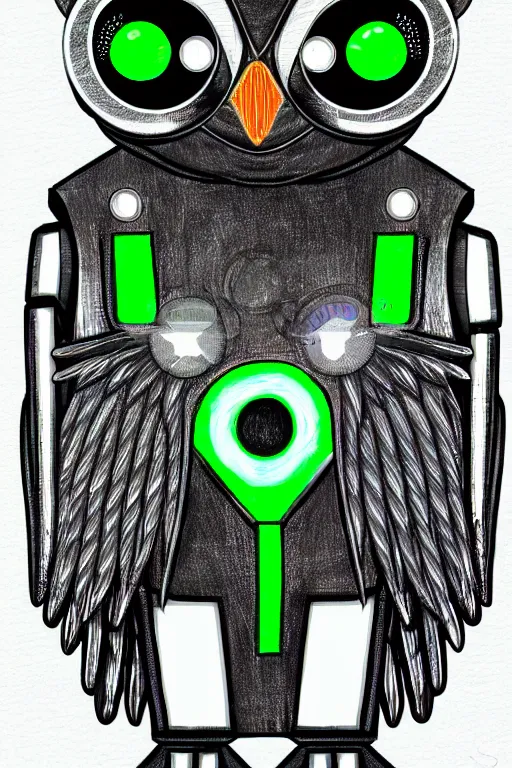 Image similar to drawing of an robotic little owl, cyberpunk style, she is made from stainless steel and leather, her wings are metallic green, her body is metallic blue, she has big, orange eyes and tries to look vute