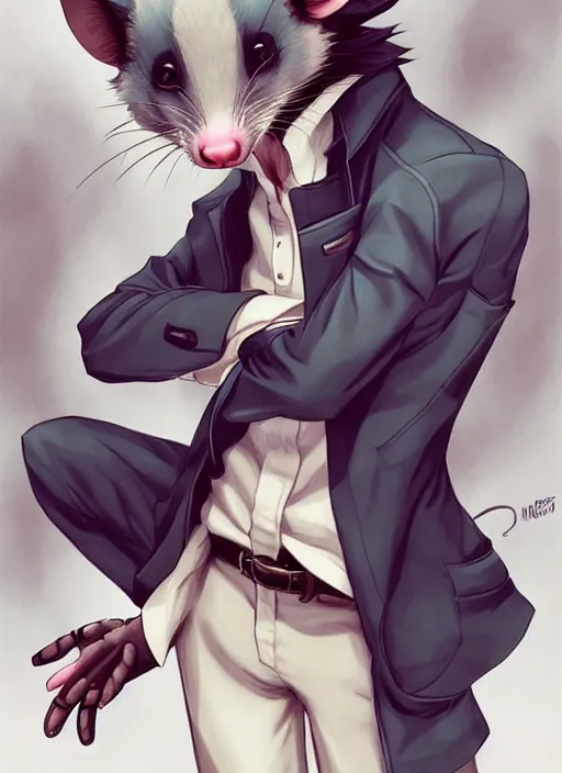 Image similar to character portrait of a male anthro opossum fursona with a tail and a cute beautiful attractive detailed furry face wearing a dress shirt and slacks outside a city tattoo parlor. Character design by charlie bowater, ross tran, artgerm, and makoto shinkai, detailed, inked, western comic book art