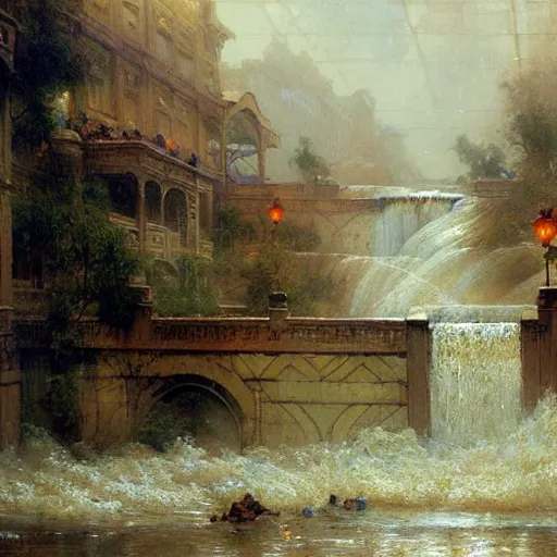 Image similar to waterfall flooding an entire city. victorian age. highly detailed painting by gaston bussiere, craig mullins, j. c. leyendecker