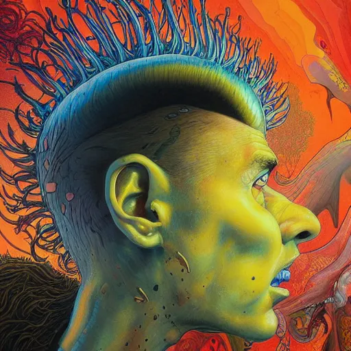 Prompt: infected mushrooms mohawk projector portrait by gaston bussierre and charles vess and james jean and erik jones and rhads, inspired by rick and morty, epic, funny, huge scale, beautiful fine face features, intricate high details, sharp, ultradetailed