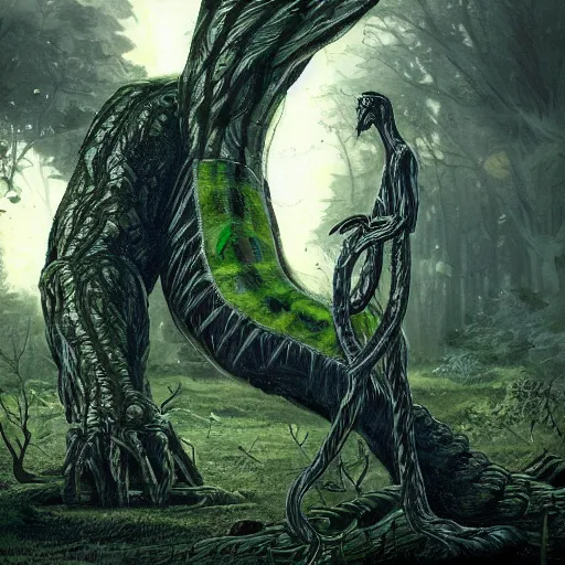 Image similar to A beautiful art installation of a large, looming creature with a long, snake-like body. The creature has many large, sharp teeth, and its eyes glow a eerie green. It is wrapped around a large tree, which is bent and broken under the creature's weight. There is a small figure in the foreground, clutching a sword, which is dwarfed by the size of the creature. Mediterranean, in Japan by James Thomas Watts, by Gerhard Richter somber, sad