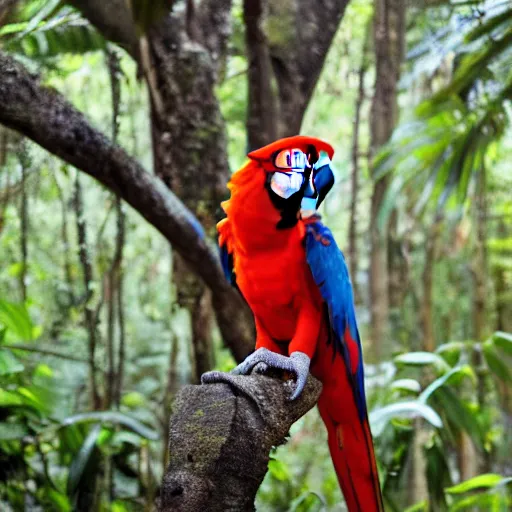 Prompt: Photo Print of a Scarlet Macaw perched on a branch, rainforest in the background, depth of field, volumetrics, 4k, award winning