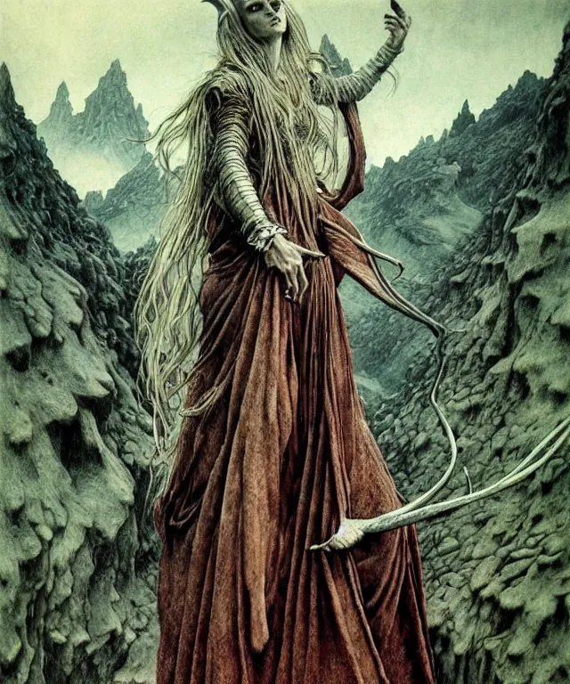 Image similar to A detailed woman with huge horns stands among the hills. Wearing a ripped mantle, robe. Perfect faces, extremely high details, realistic, fantasy art, solo, masterpiece, art by Zdzisław Beksiński, Arthur Rackham, Dariusz Zawadzki