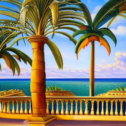 Image similar to a ultradetailed beautiful painting of the amazonas palace balustrade designed by edward robert hughes, tarsila do amaral, frank weston and gustave baumann, beach, trending on artstation, mediterranean, palm trees, detailed face, sharp focus, soft light, 8 k 4 k