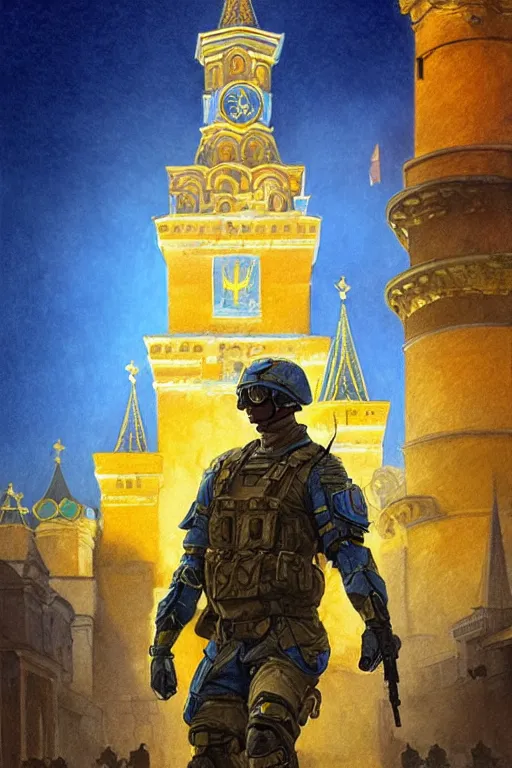 Image similar to special forces soldier installin ukrainian blue and yellow flag on red square kremlin, masculine figure, d & d, fantasy, bright atmosphere, volumetric lights, intricate, elegant, extremely detailed, digital painting, artstation, concept art, matte, smooth, sharp focus, hyper realistic, illustration, art by artgerm and greg rutkowski and alphonse mucha