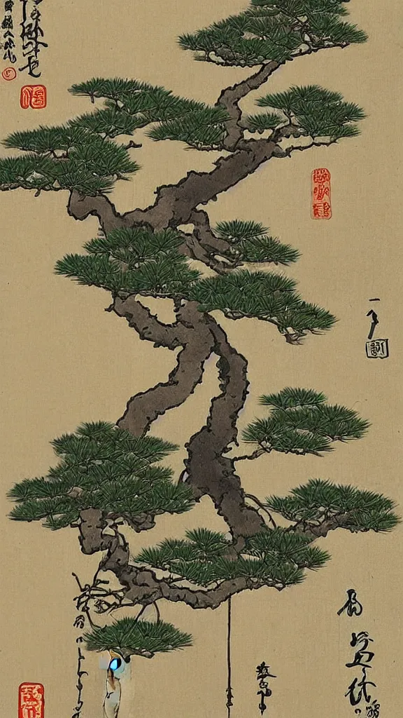 Image similar to a light bulb with a bonsai tree inside. The tree has white flowers on it. Shin-hanga, ukiyo-e.