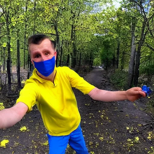 Prompt: 2 0 2 2 last selfie of last alive of frightened funny ukrainian in yellow and blue clothes is trying to escape, badly injured from radiation to bones from a huge nuclear explosion, dead bodies everywhere