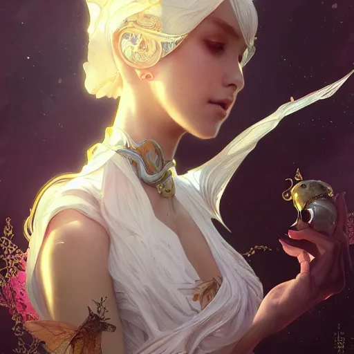 Prompt: beautiful android girl, fantasy, intricate, elegant, highly detailed, digital painting, artstation, concept art, wallpaper, smooth, sharp focus, illustration, art by artgerm and greg rutkowski and alphonse mucha