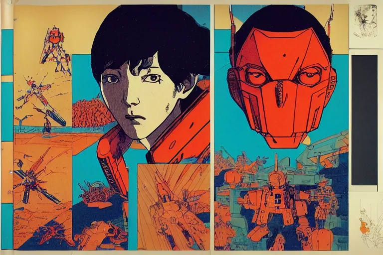 Image similar to risograph grainy drawing vintage sci - fi, satoshi kon color palette, gigantic gundam, 1 9 8 0, kodachrome, natural colors, comicbook spreadsheet, codex seraphinianus painting by moebius and satoshi kon and dirk dzimirsky close - up portrait