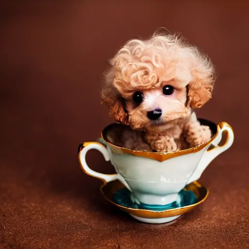 Prompt: teacup poodle in a teacup. Photography.