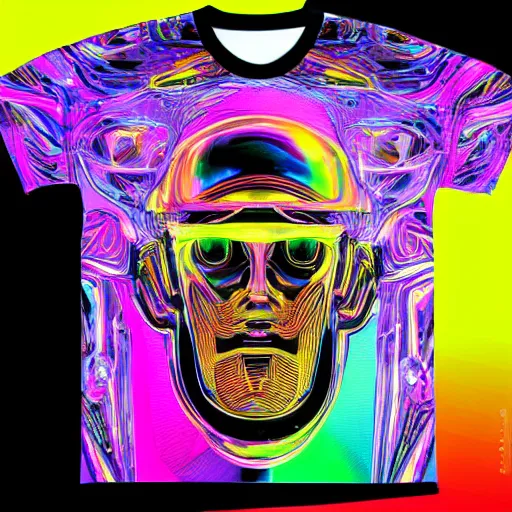Prompt: photo of a black tshirt with a hyperdetailed trippy futuristic robot head, 8 k, symetrical, flourescent colors, multicolored tshirt art,