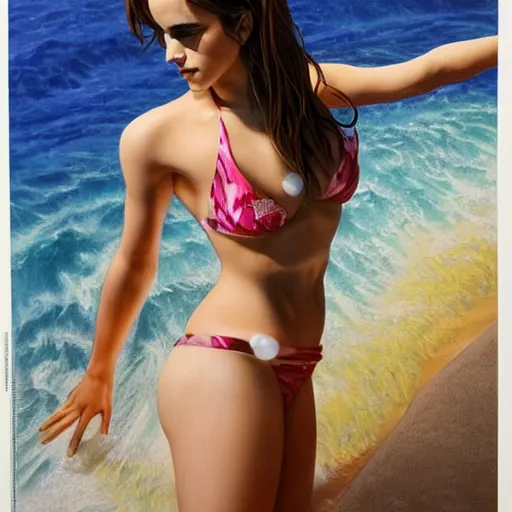 Prompt: Emma Watson in bikini, by Hajime Sorayama