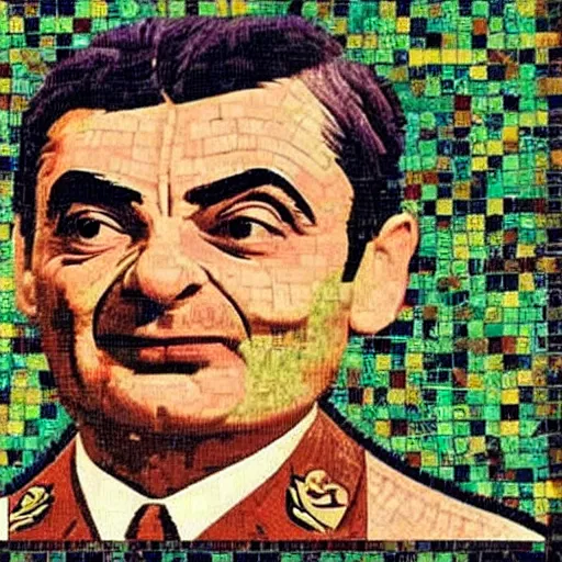 Image similar to a Soviet mosaic of Mr. Bean in military uniform