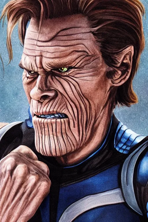 Prompt: willem dafoe wearing thanos t-shirt, photorealistic