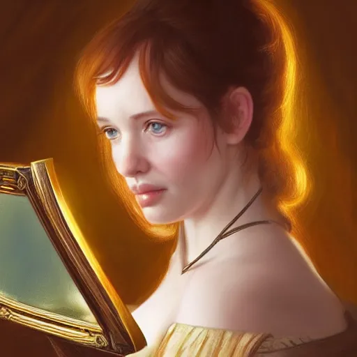 Image similar to sad young christina hendricks in a tavern, holding a small roung mirror, surprised expression on her face, she is surprised, warhammer, lord of the rings, intricate, highly detailed, digital painting, artstation, concept art, smooth, sharp focus, illustration, unreal engine 5, 8 k, art by artgerm and greg rutkowski and alphonse mucha